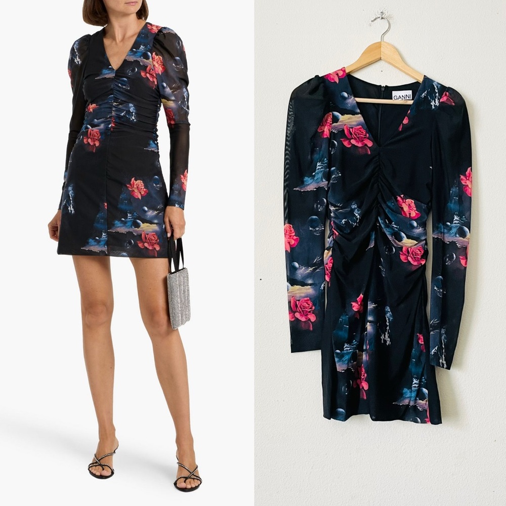 GANNI SIZE 34 black ruched floral print stretch-mesh long sleeve mini dress